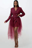 Tulle Overlay Belted Blazer Dress (Curvy Size)