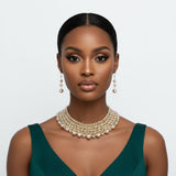 Brown Pearl Glass Bead Woven Collar Bib Necklace