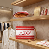 DST Faded Red White Raffia Embroidered Pouch Bag