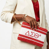 DST Faded Red White Raffia Embroidered Pouch Bag