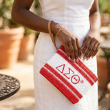 DST Faded Red White Raffia Embroidered Pouch Bag